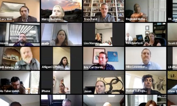 A video conference meeting, involving legal professionals or a board