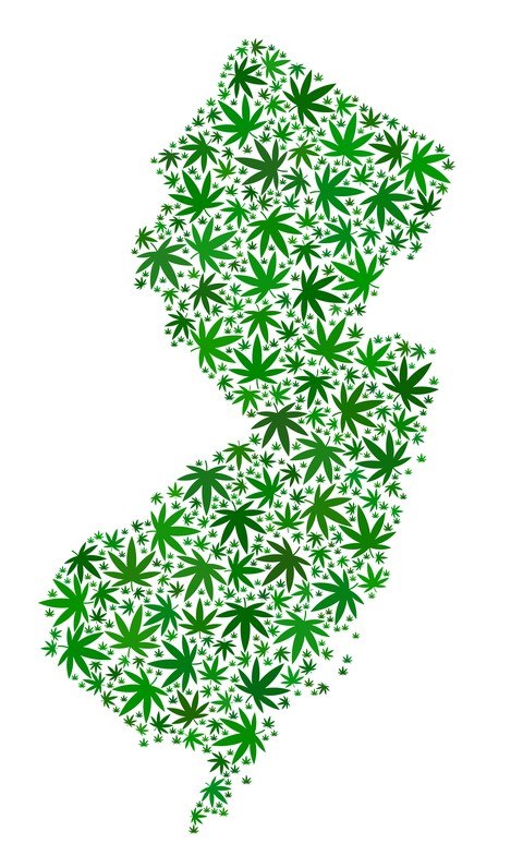 A map of New Jersey made entirely out of green marijuana leaves.