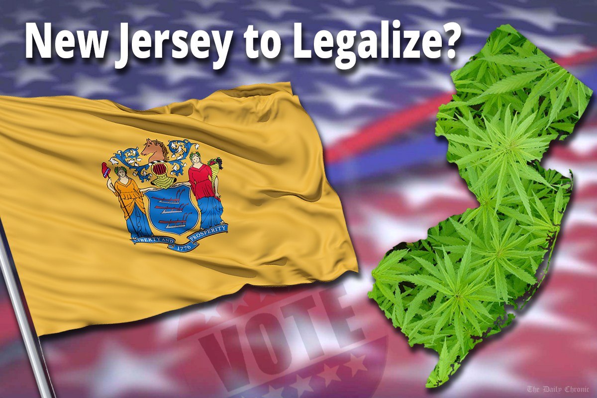 Graphic of NJ flag and cannabis-patterned state map with the headline 'New Jersey to Legalize?