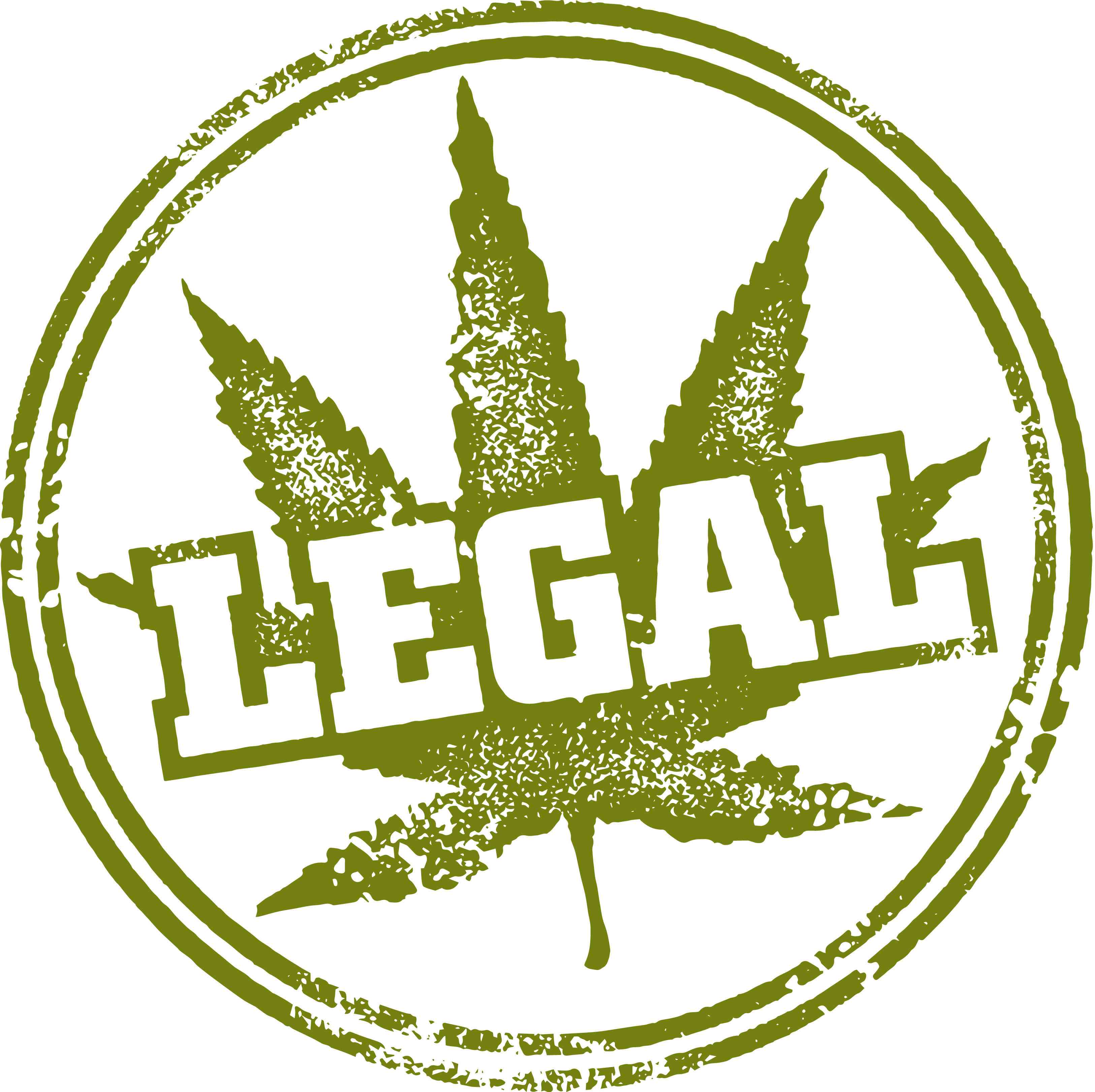 Green distressed stamp of a cannabis leaf with 'LEGAL' text in a bold, block font
