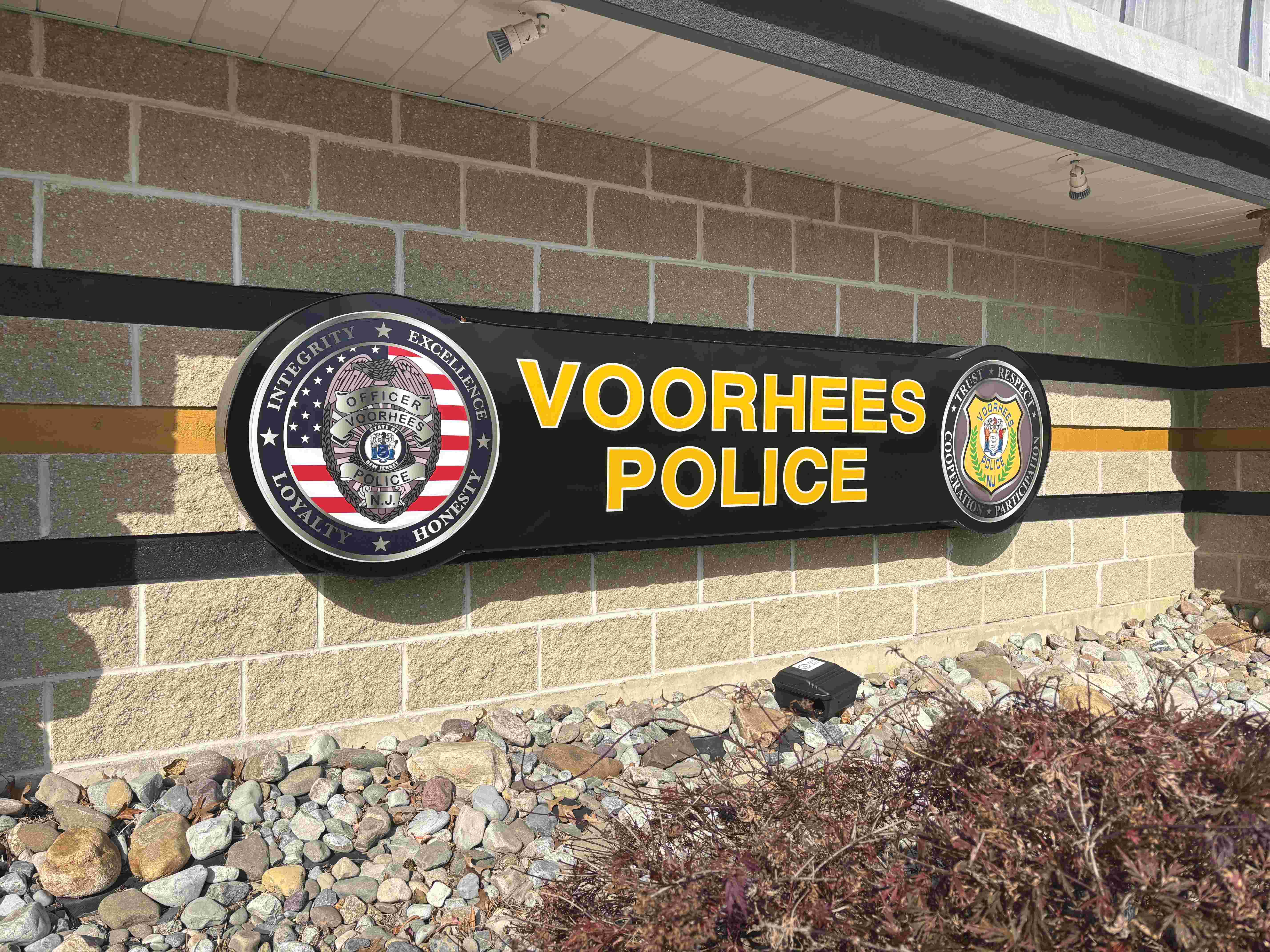 The exterior sign for the Voorhees Township Police Department in New Jersey